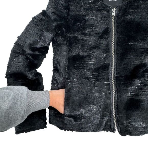 BDB David Bitton Womens Medium Black Faux Fur Sequin Jacket Full Zip Collarless - Picture 5 of 14